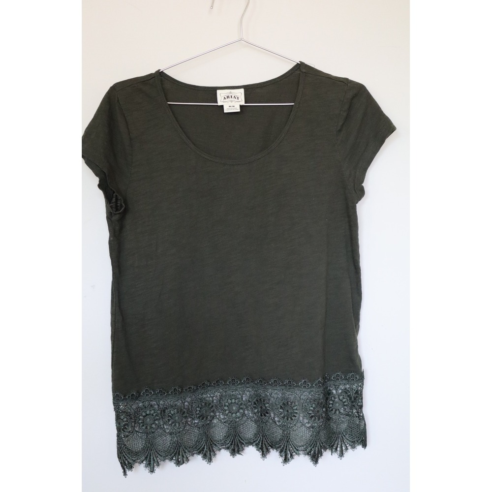 Ariat Womens Olive Green Cotton Slub Lace Hem Short Sleeve Scoop Neck Top M